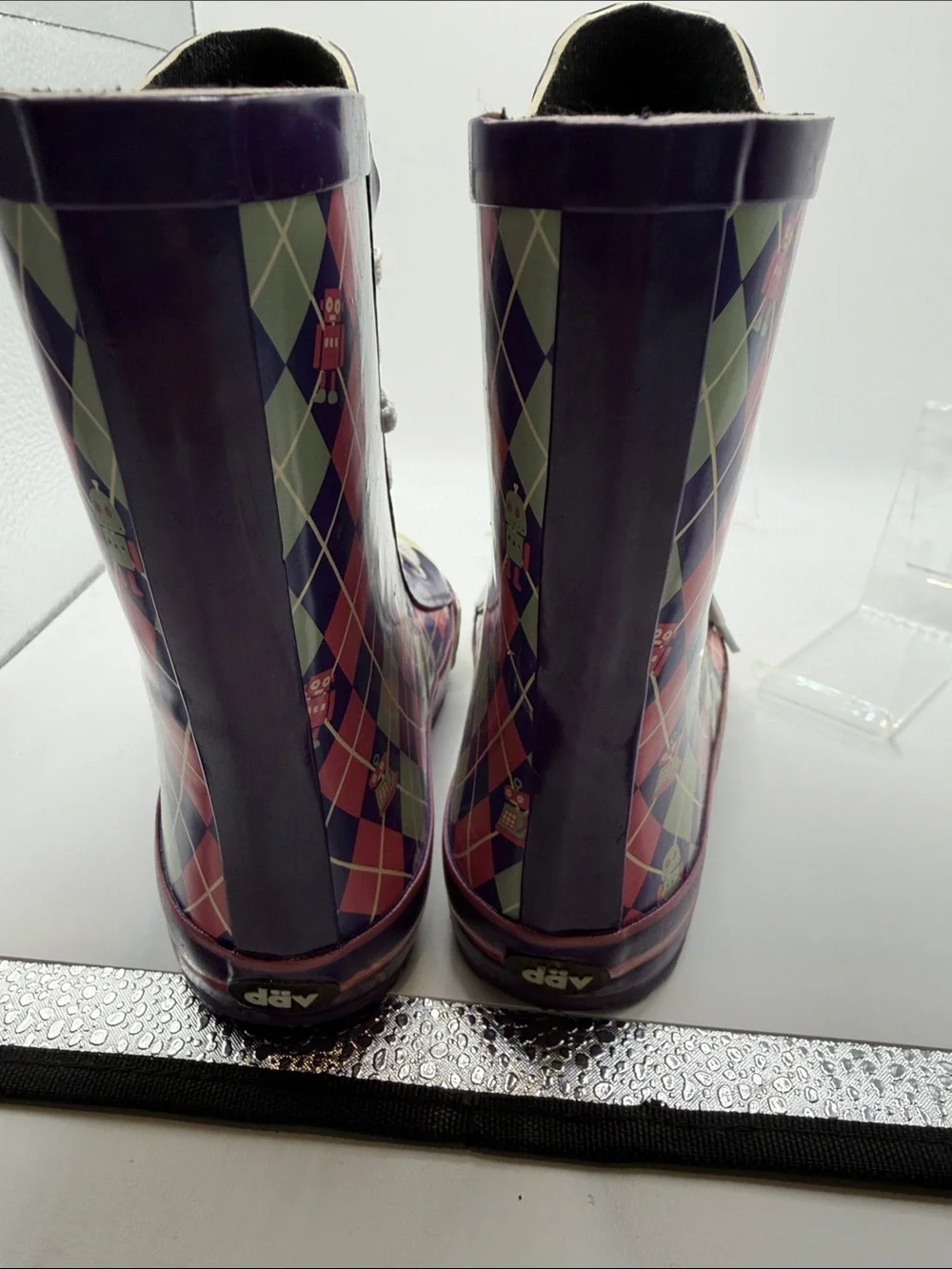 Dav Kids Purple Argyle Lace-Up Rubber Rain Boots Size 11C Retro